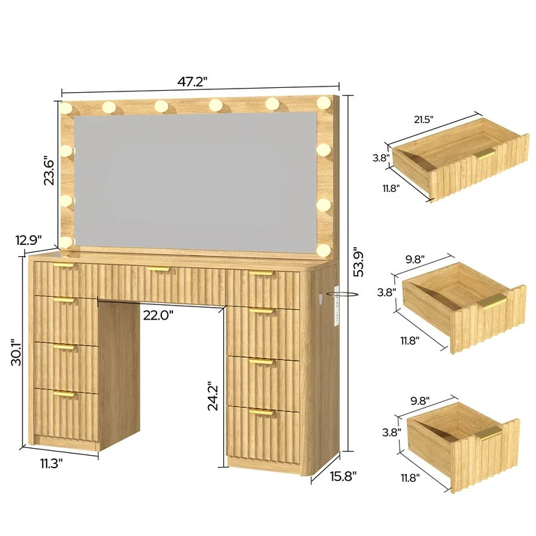 47" Makeup Vanity Table with LED Mirror & Glass Top, Modern Dressing Desk with 9 Drawers, Chargin... | Walmart (US)