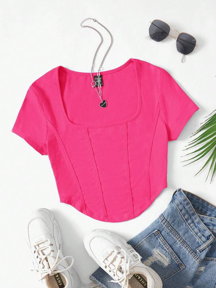 SHEIN EZwear Square Neck Curved Hem Crop Tee | SHEIN