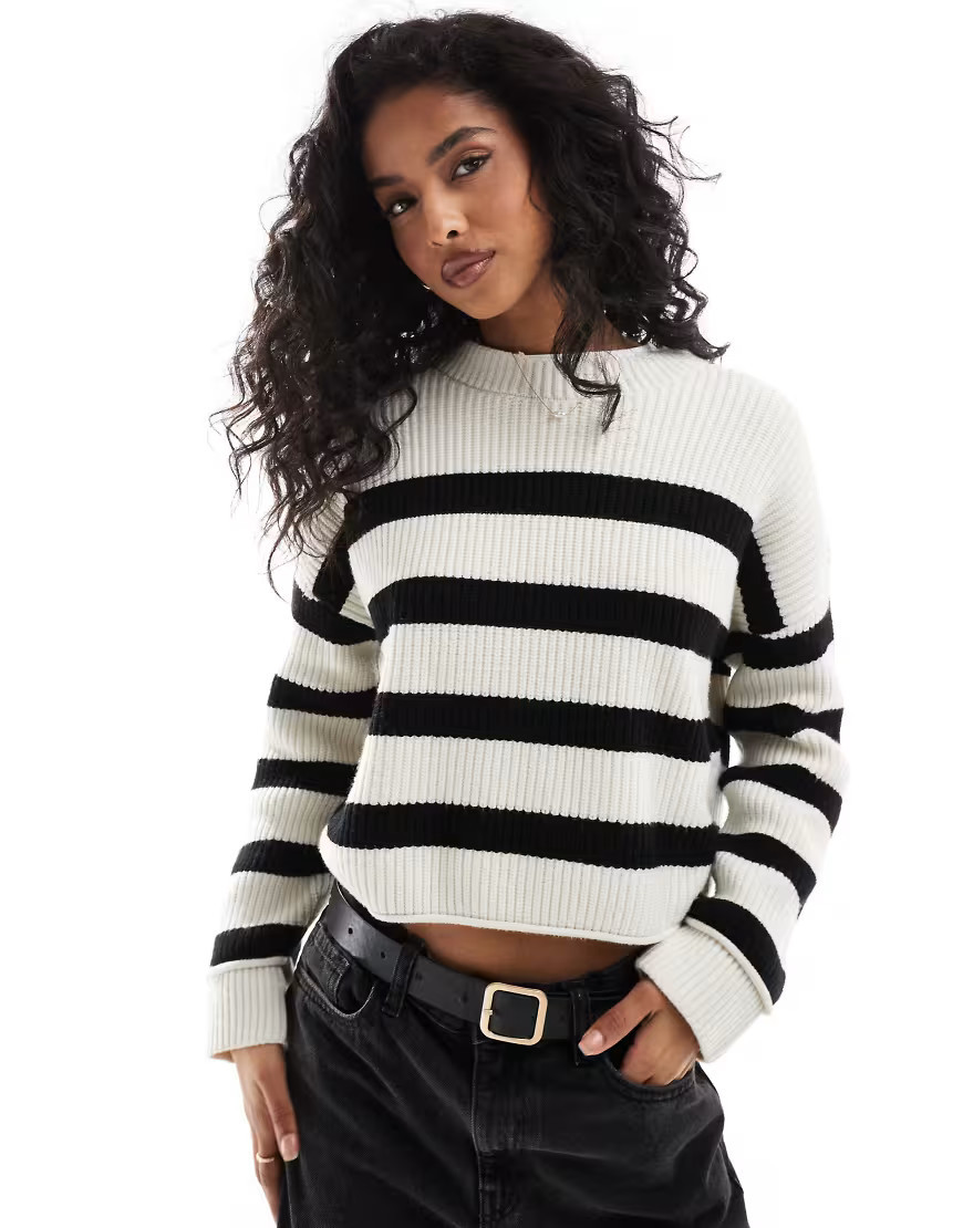 Pull&Bear ribbed knitted sweater in black and sand stripe | ASOS (Global)