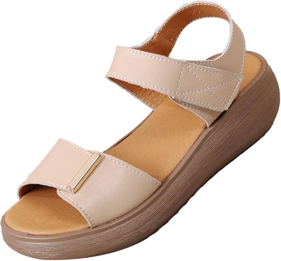 AngryMonkey Women's Open Toe Platform Leather Sandals,Lightweight Comfort Slingback Ankle Strap S... | Amazon (US)