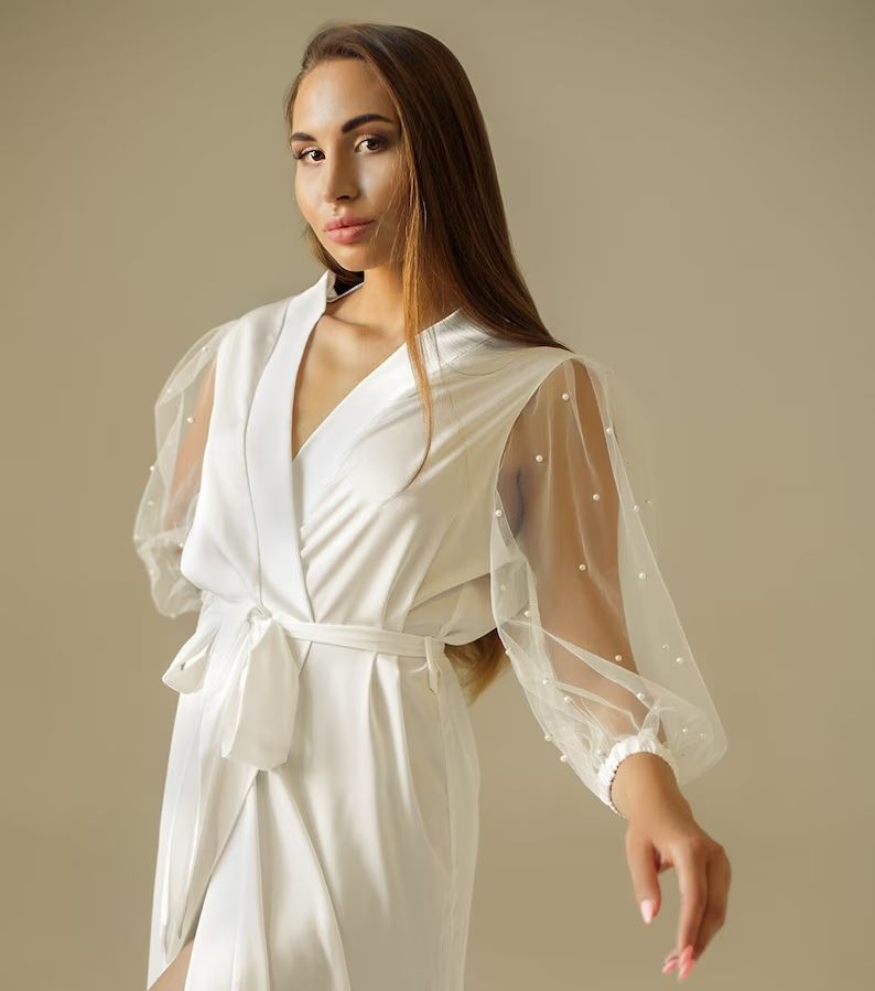 Bridal Robe Long With Pearls Bride Silk Kimono White or Black - Etsy | Etsy (US)