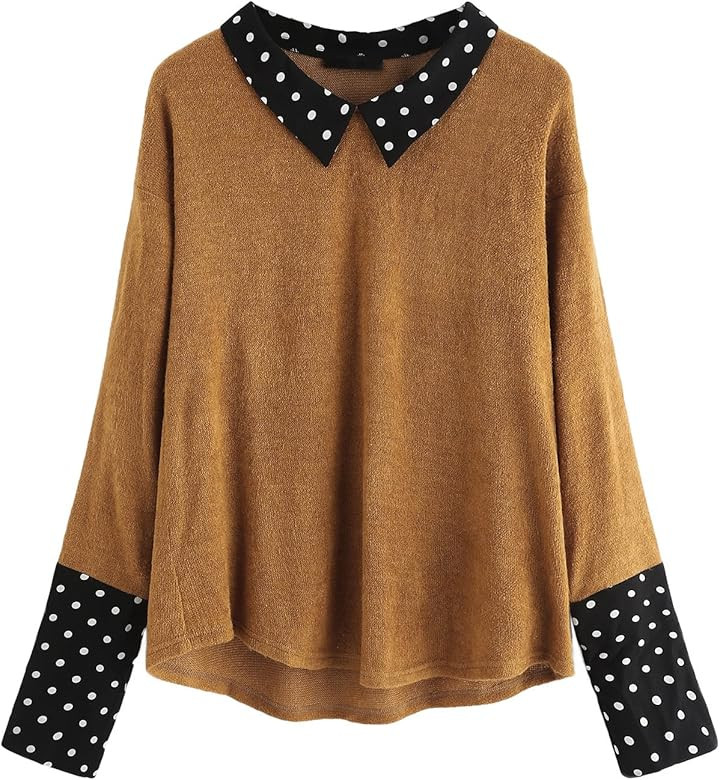 Women's Loose Contrast Polka Dot Collar Long Sleeve Blouse Knit Tops | Amazon (US)