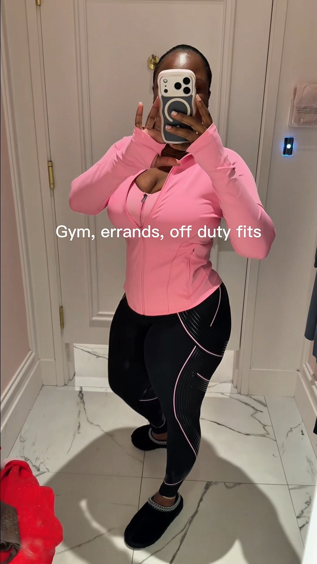 Pink Leggings: S
Grey Leggings: S
Grey Jacket: S
Black jacket: S
Pink Jacket: M size down if you want a tight fit
Pink Bra: 36 DD 

#LTKmomlife #LTKActive #LTKfitnessgoals