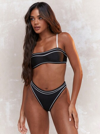 MISSGUIDED Contrast Stitching Cami Bandeau Bikini Top With Bikini Bottom Swim Set | SHEIN