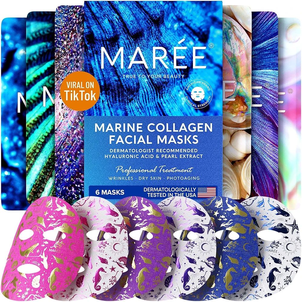 MAREE Facial Masks with Marine Collagen & Hyaluronic Acid - Sheet Moisturizing Masks for Face wit... | Amazon (US)