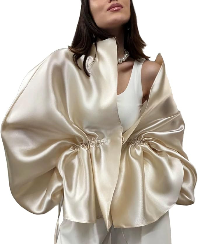 Cropped Jacket Women Puff Sleeve Satin Jacket Drawstring Short Coat | Amazon (US)