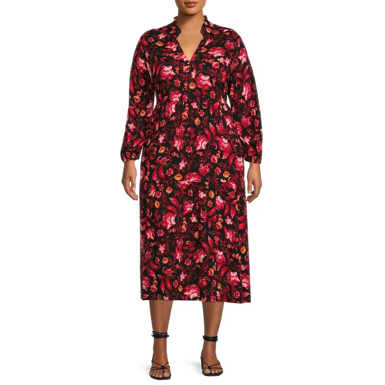 Terra & Sky Women's Plus Size Long Sleeve Printed Peasant Midi Dress | Walmart (US)
