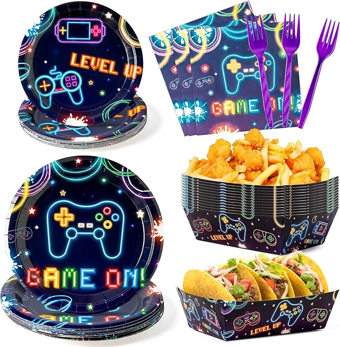 Neon Video Game Decorations Supplies - Serves 24-120Pcs Glow In The Dark Party Tableware, Disposa... | Amazon (US)