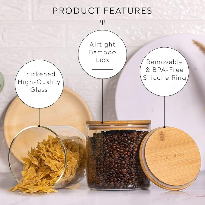 Laramaid 73oz 2Pack Glass Jar Canisters with Minimalist Labels, Round Pantry Jars with Bamboo Lid... | Amazon (US)