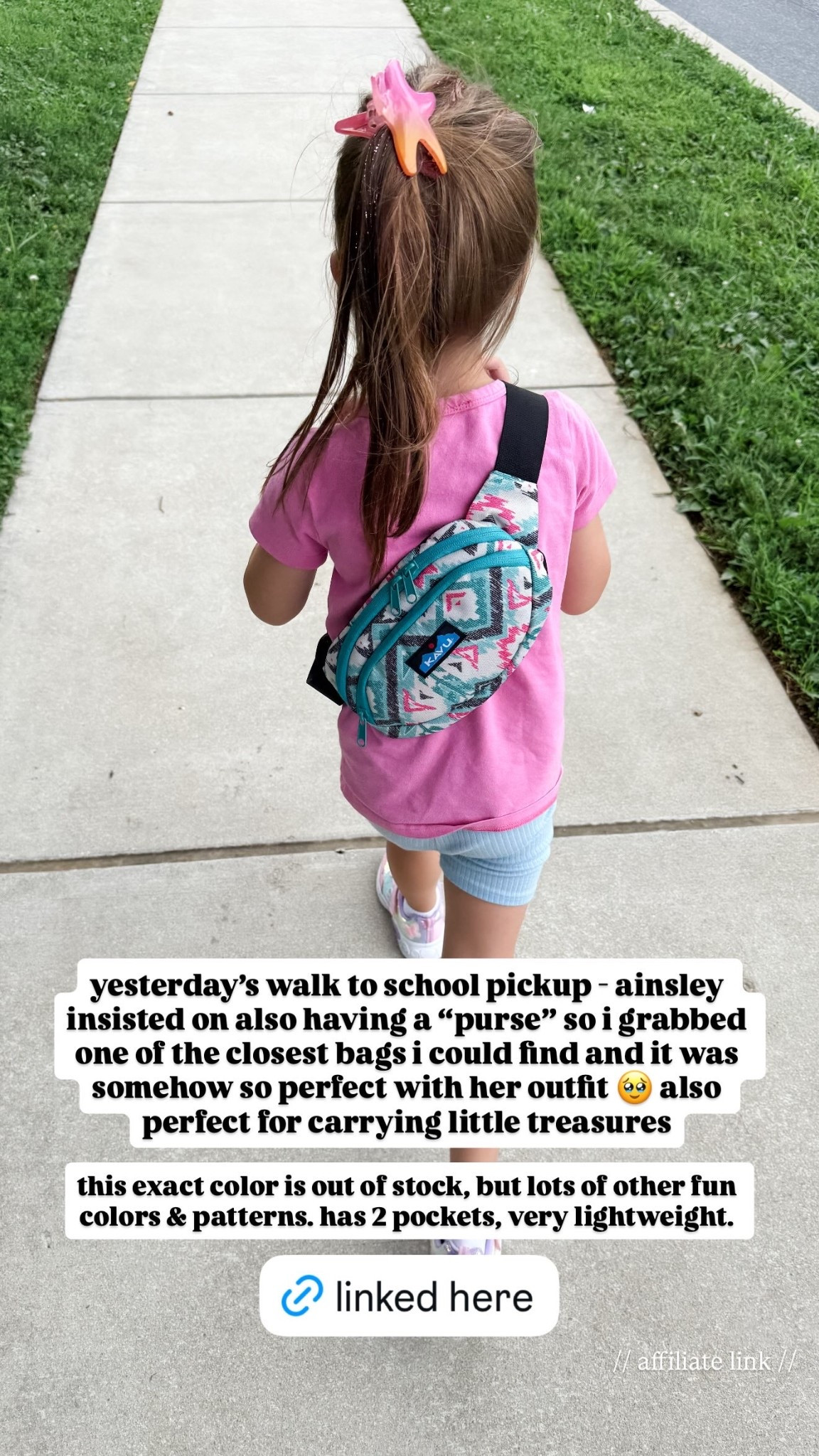 yesterday’s walk to school pickup - ainsley insisted on also having a “purse” so i grabbed one of the closest bags i could find and it was somehow so perfect with her outfit 🥹 also perfect for carrying little treasures this exact color is out of stock, but lots of other fun colors & patterns. has 2 pockets, very lightweight. // affiliate link //