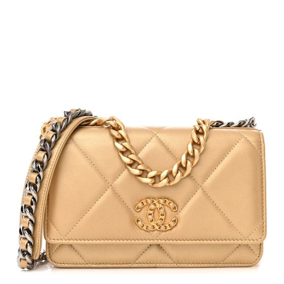Metallic Goatskin Quilted Chanel 19 Wallet On Chain WOC Gold | FASHIONPHILE (US)