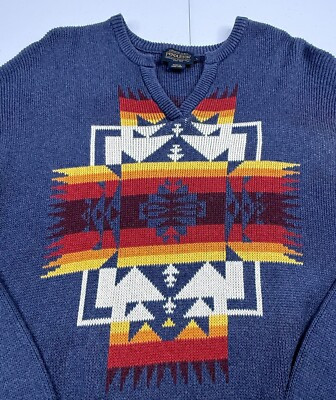 Pendleton Sweater Blue Print Cotton Western Native Chief Joseph Aztec Womens L  | eBay | eBay US