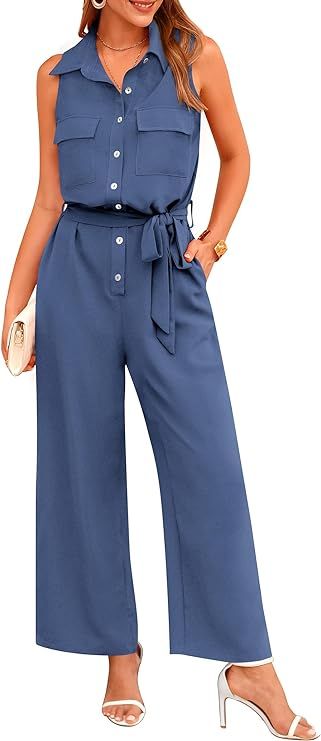 PRETTYGARDEN Women's Summer Jumpsuits Dressy Casual Sleeveless Button Up Belted Long Pants Romper... | Amazon (US)