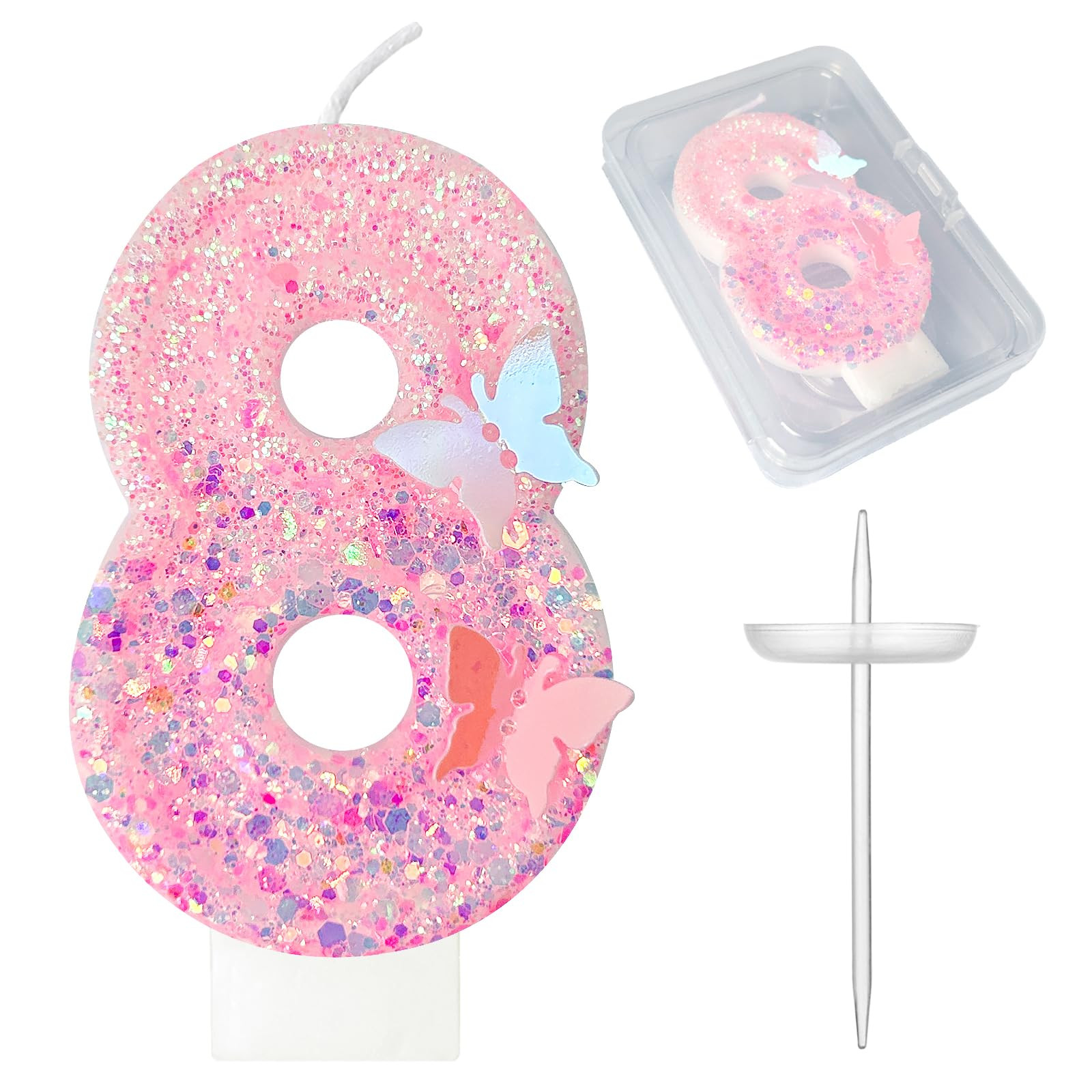 8Th Birthday Candles，Glitter Butterfly Cake Toppers Pink Sequins Wedding Numeral Cupcake Decora... | Amazon (US)