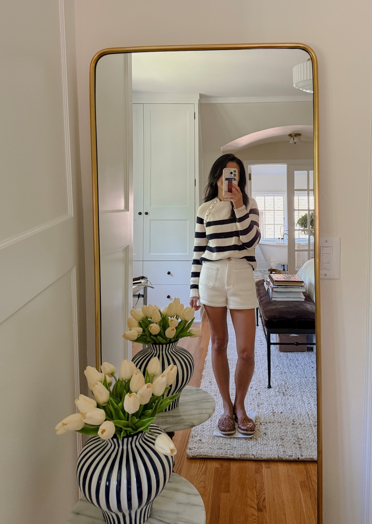 Kindergarten field trip outfit 😊. A little French inspired. My top is Sezane, tailored white shorts  is from Altar’d State and leather sandals are Sols. Linking similar items to get the look. | summer outfit, casual outfit, date night outfit  

#LTKStyleTip #LTKPetite