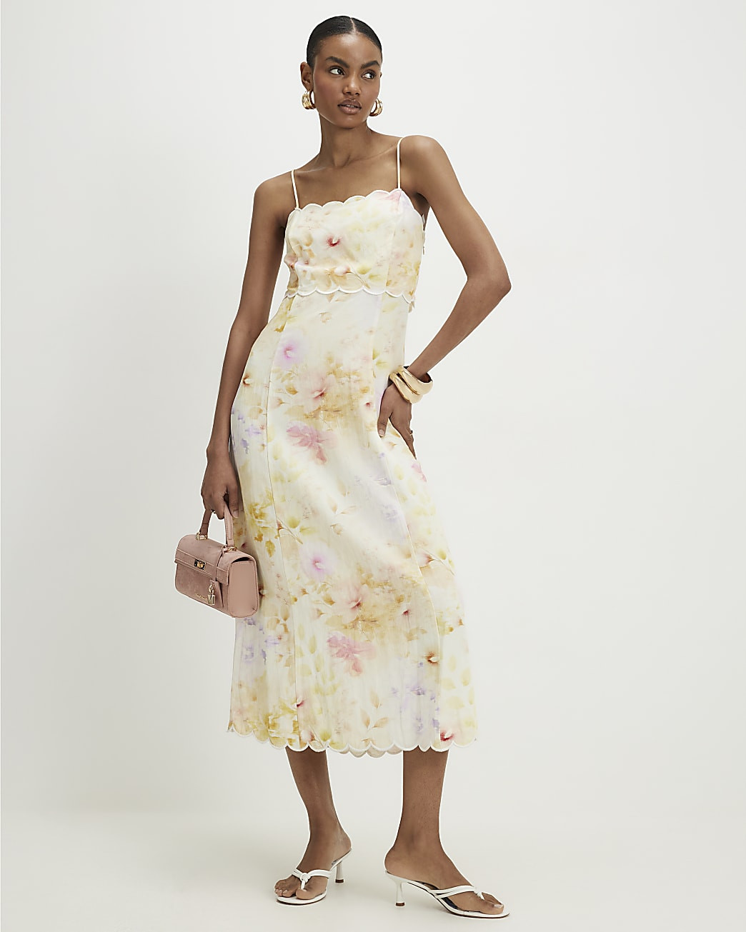 Cream Linen Blend Floral Scallop Midi Dress | River Island UK & IE