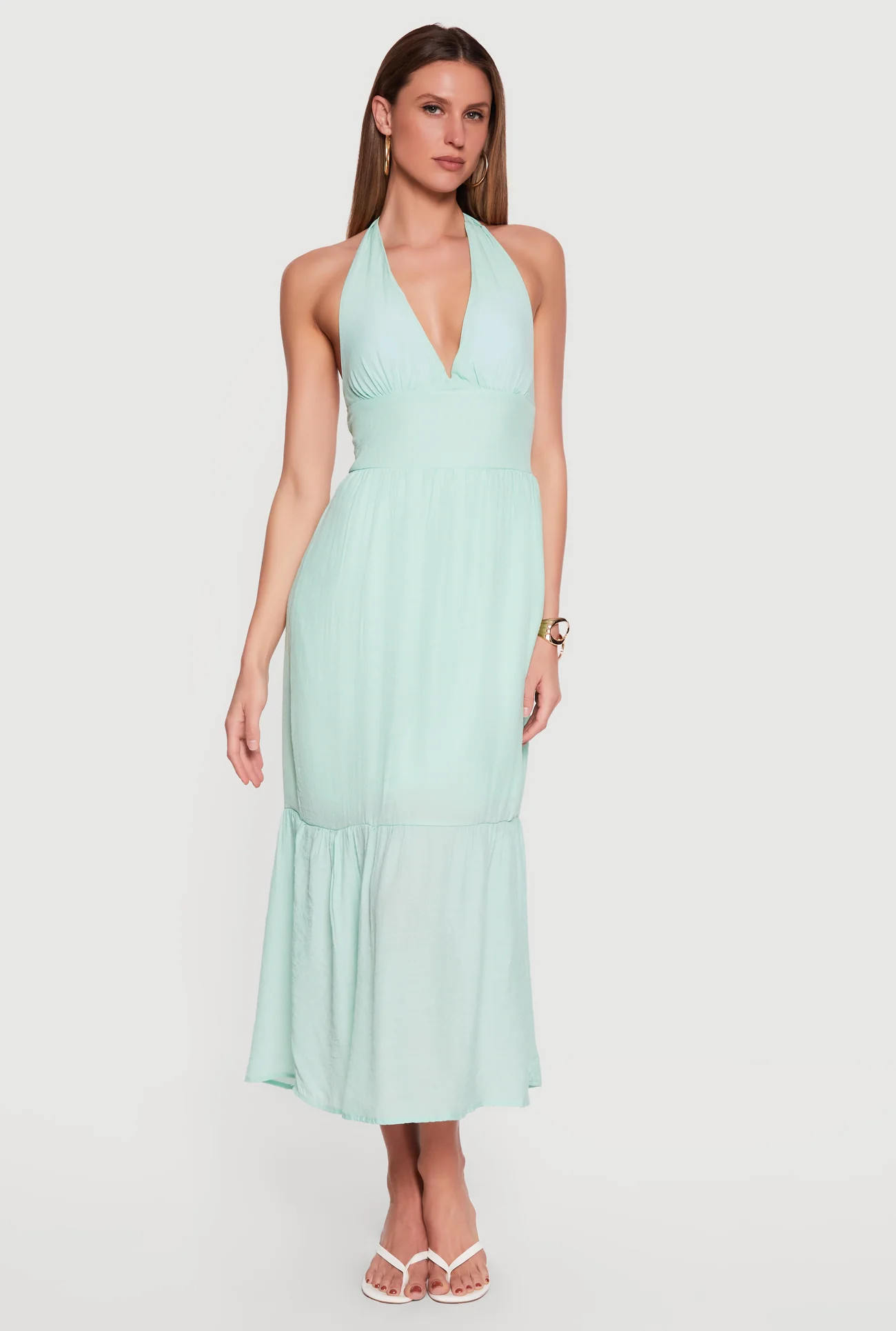 Plunge Tie Back Halter Neck Tiered Maxi Dress | Rainbow Shops