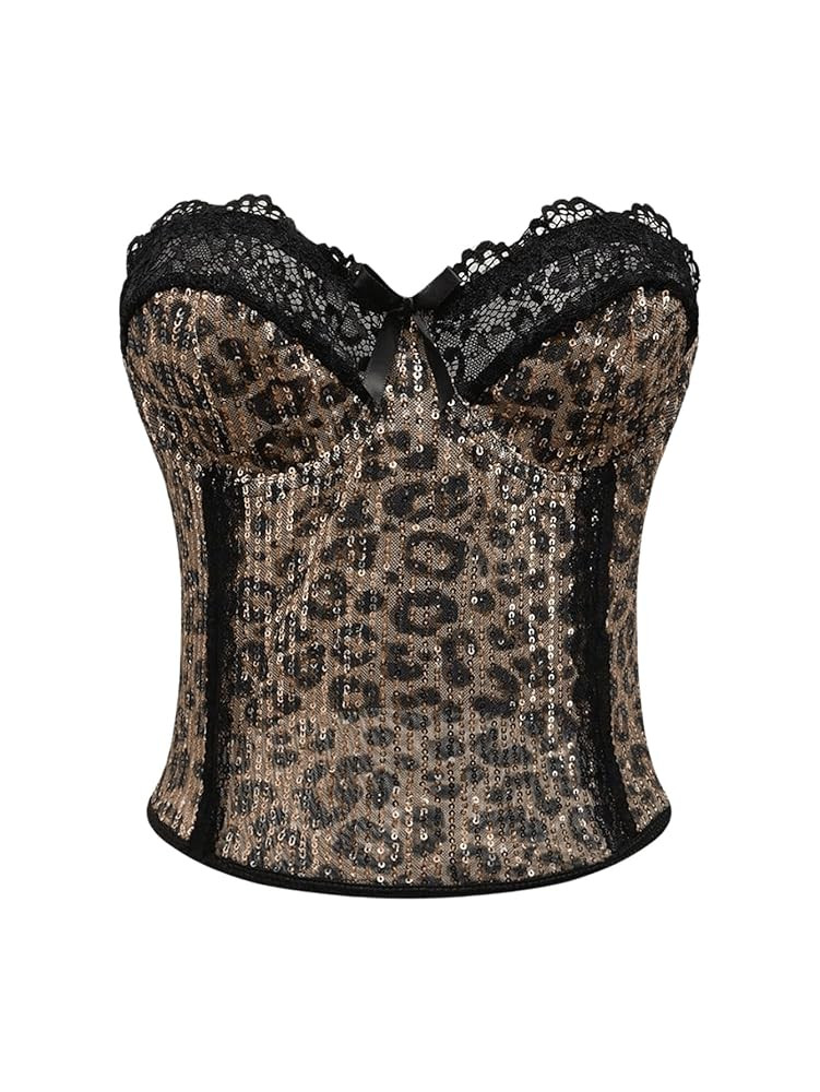 SweatyRocks Women's Sparkly Sequin Lace Corset Tops Leopard Print Strapless Y2K Tube Top Streetwe... | Amazon (US)