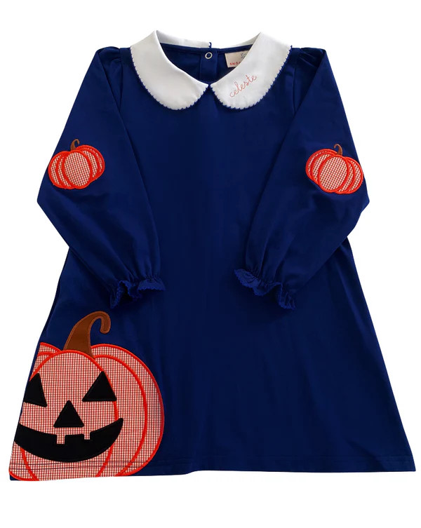 Jack O Lantern Applique Navy Knit Dress-FINAL SALE | Smockingbird Kids