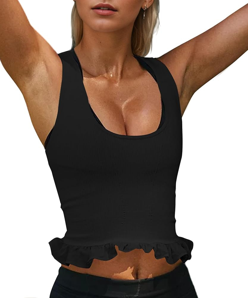 Women Ruffle Hem Racerback Workout Tank Tops Sleeveless Scoop Neck Ribbed Athletic Cami Shirts Crop Sports Tank Top | Amazon (US)
