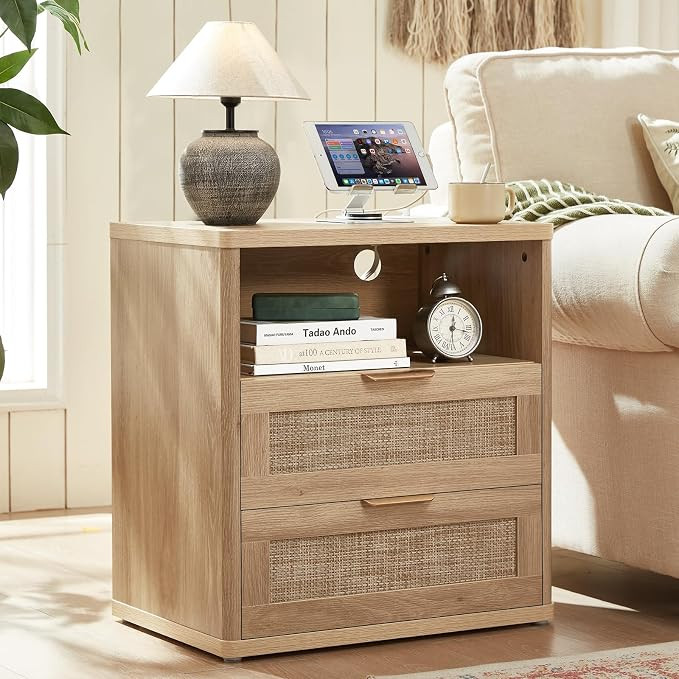 LEYAOYAO Rattan 23" Nightstands with Charger Station 2 Drawers | Gold Metal Handle, Open Shlef St... | Amazon (US)