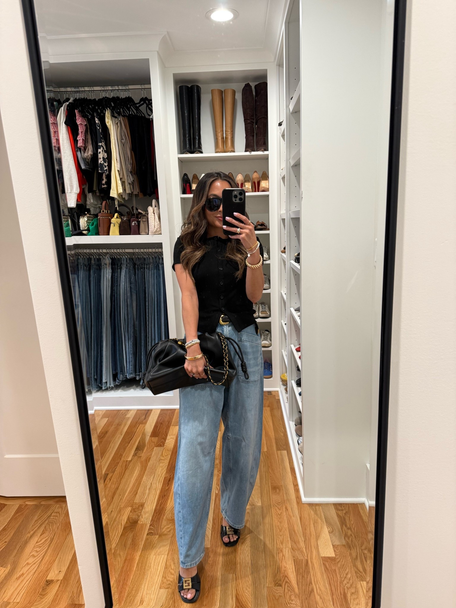 Obsessed with these utility airy denim from @Spanx! Sooo good. Cool girl energy vibes. 
Top: Small
Jeans: XS petite (they run big IMO)￼
Belt: XS black and gold 
Heels: 35/5 

#LTKPetite #LTKOver40 #LTKootd