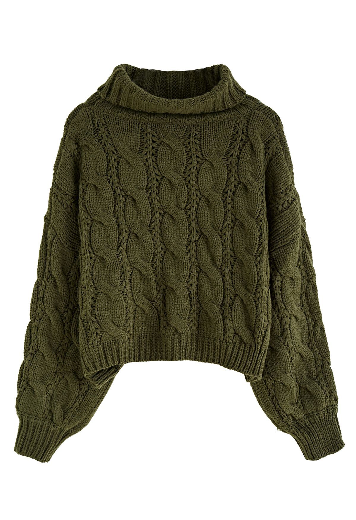 Turtleneck Braid Knit Crop Sweater in Army Green | Chicwish
