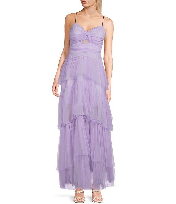 Twist Front Cut-Out Tiered Tulle Long Dress | Dillard's