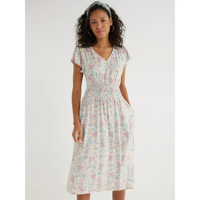 Time and Tru Women’s Smocked Waist Midi Dress with Short Sleeves, Sizes XS-XXXL - Walmart.com | Walmart (US)