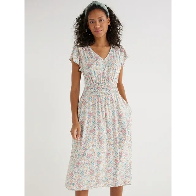 Time and Tru Women’s Smocked Waist Midi Dress with Short Sleeves, Sizes XS-XXXL | Walmart (US)