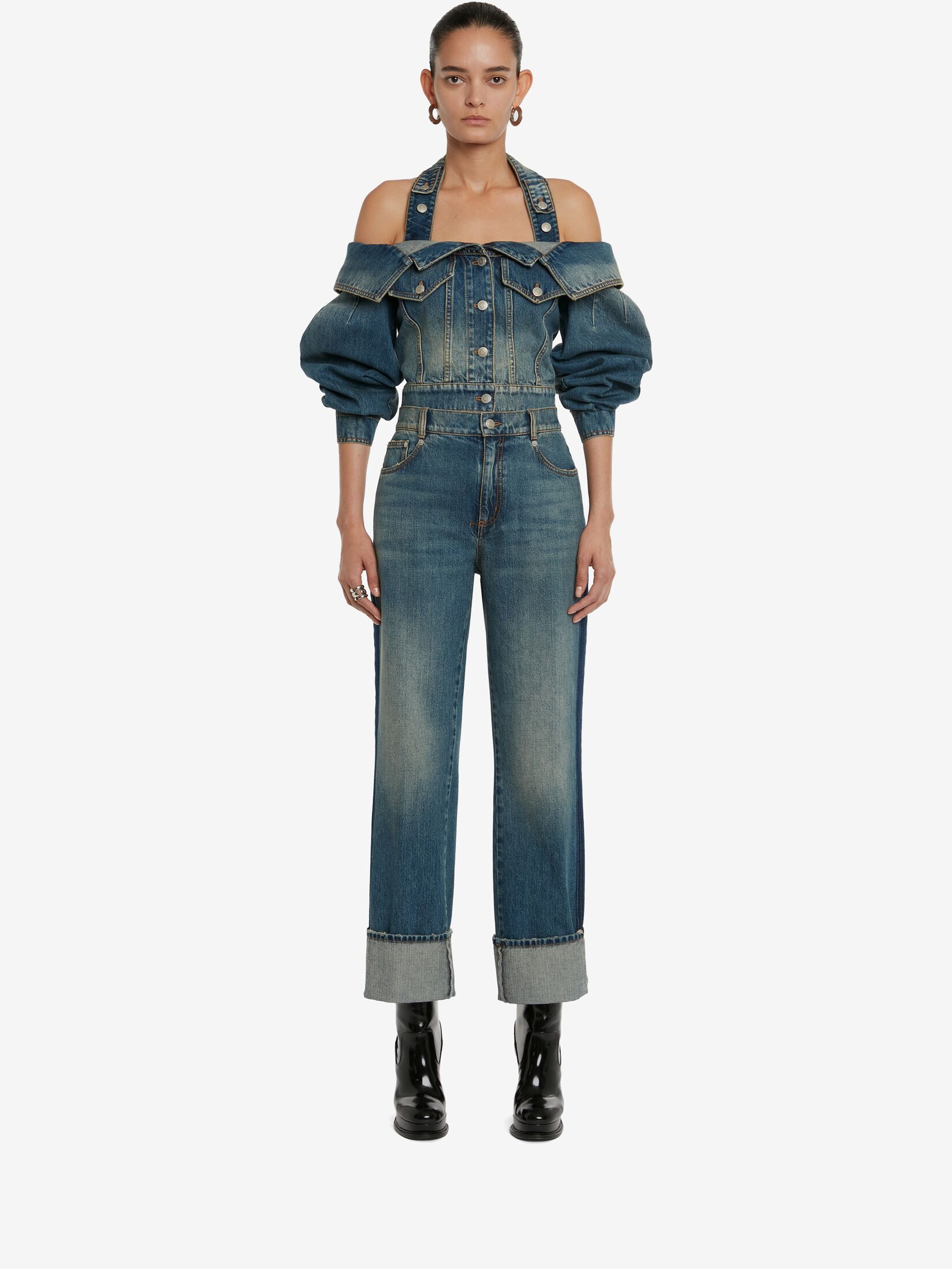 Women's Off-the-shoulder Denim Jacket in Washed Blue | Alexander McQueen