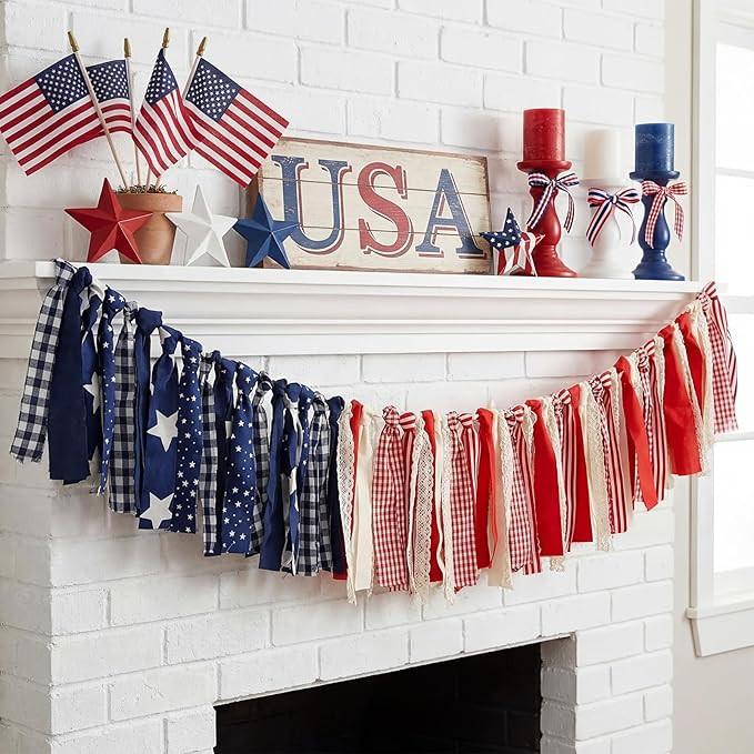 Chumia 8.53ft 4th of July Tassel Garland Vintage Patriotic Fabric Rag Banner Red Blue White Mante... | Amazon (US)