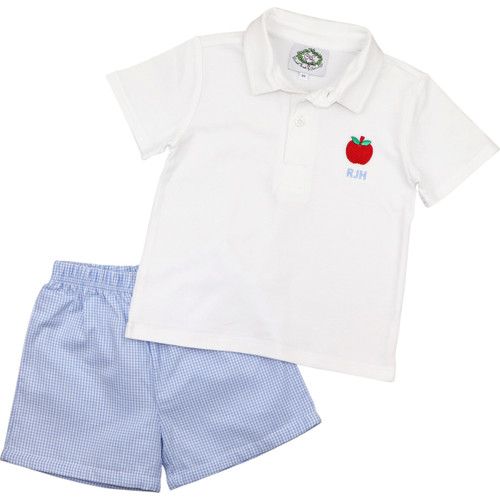 Blue Gingham Apple Polo Short Set | Cecil and Lou