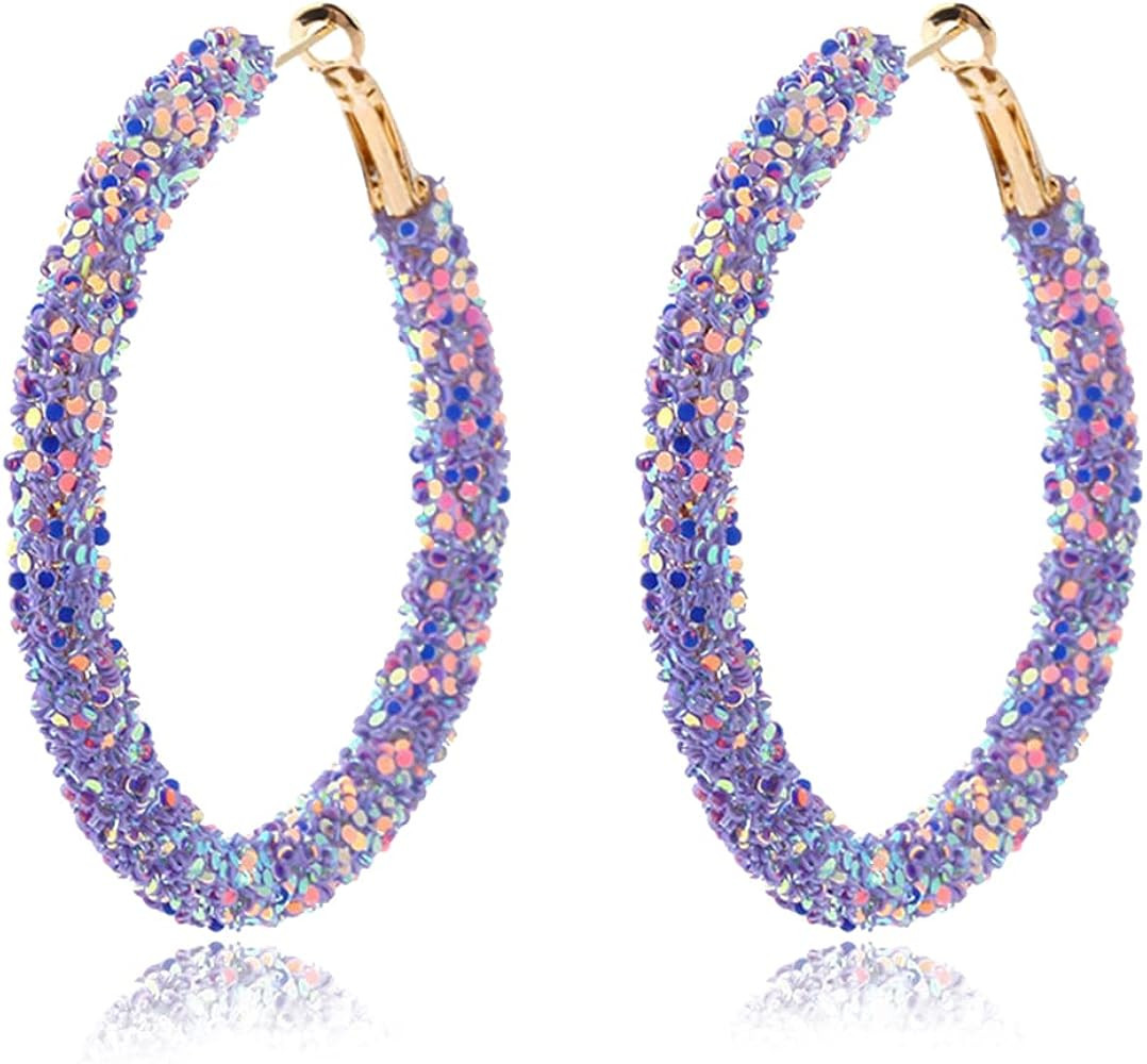 Caiyao Lovely Shiny Glitter Sequins Hoop Earrings Wrapped Gold Plated Circle Rhinestone Drop Dang... | Amazon (US)