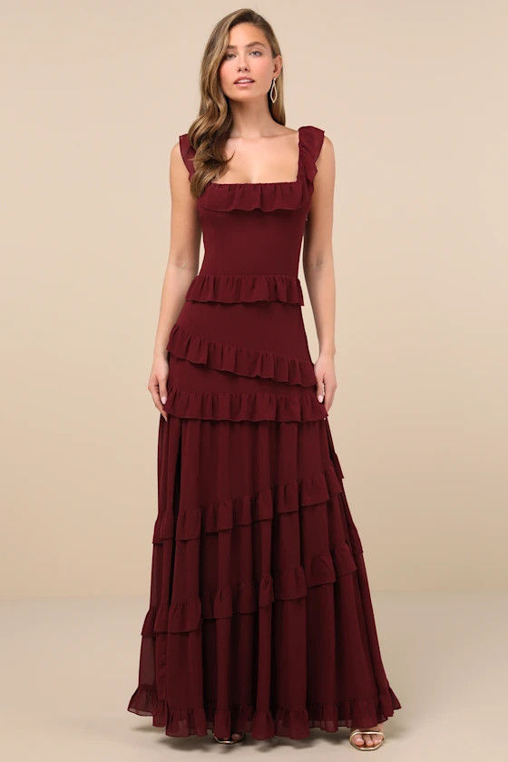 Compelling Romantic Burgundy Ruffled Tiered Maxi Dress | Lulus