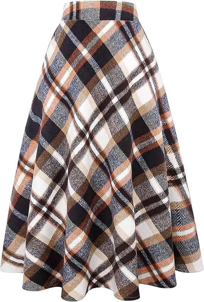 Women's Long Plaid Wool Skirt Fall High Elastic Waist Pleated Flared A-line Wool Winter Skirts | Amazon (US)