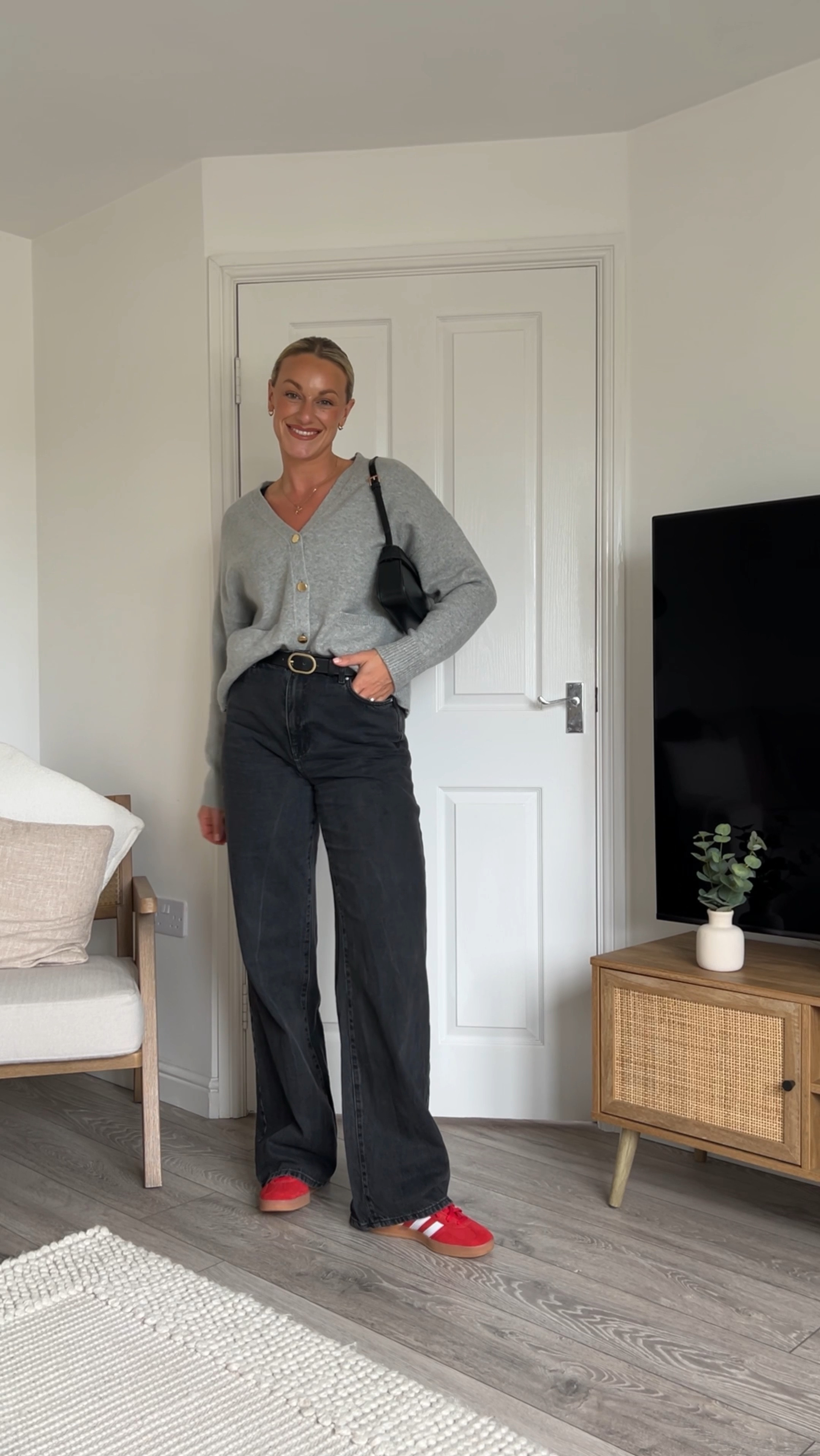 Autumn outfit, Casual outfit idea, Autumn essentials, Wide jeans, Cardigan, H&M, Handbag, Adidas Gazelle, High street fashion, M&S cardigan 

#LTKautumn #LTKuk #LTKmidsize