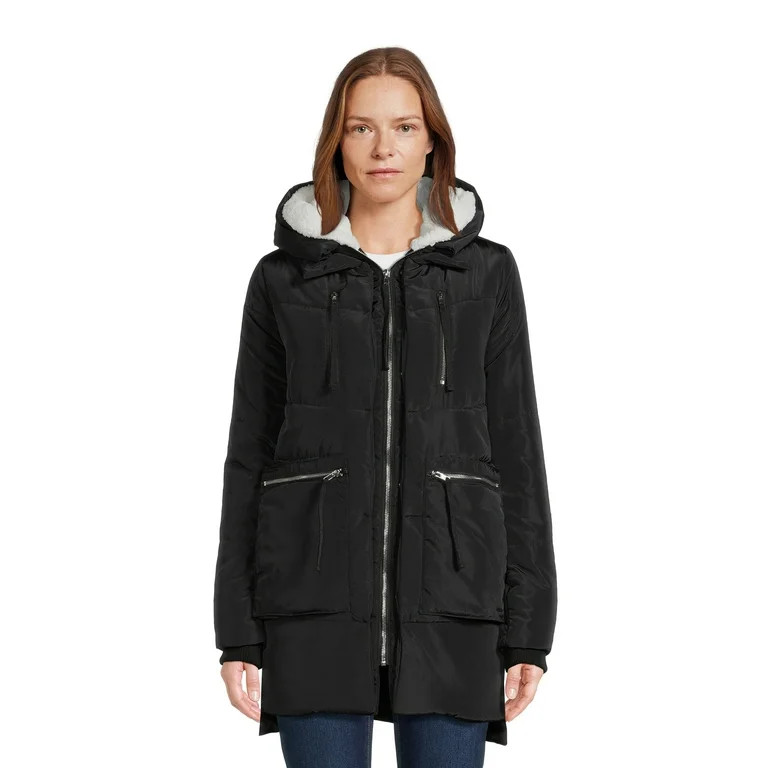 Jason Maxwell Women's Puffer Coat with Faux Sherpa Lined Hood, Sizes S-XL | Walmart (US)
