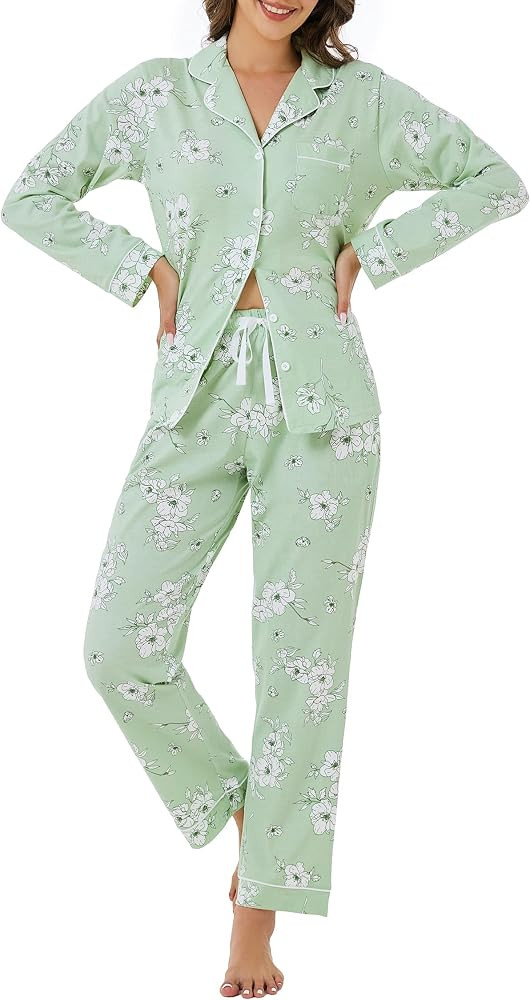 LUBOT 100% Cotton Pajamas for Women PJ Set Soft 2 Piece Ladies Button Knit Long Short Sleeve Slee... | Amazon (US)