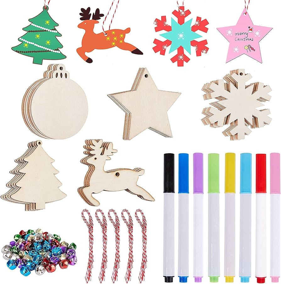 Artmag 50pcs Unfinished Wooden Hanging Ornaments for Christmas Decorations,5 Styles DIY Wood Slic... | Amazon (US)