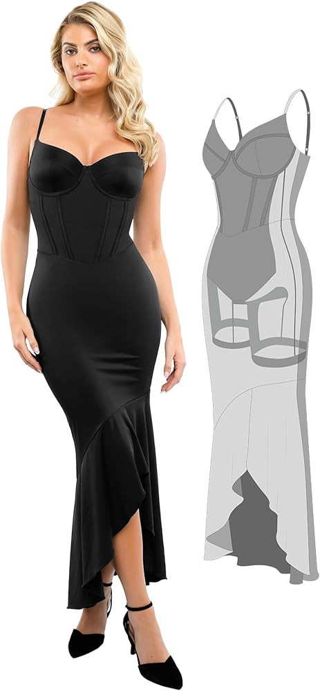 Popilush Corset Dress Built in Shapewear - Mermaid Dress for Women Deep V Neck Maxi Slip Bridesma... | Amazon (US)