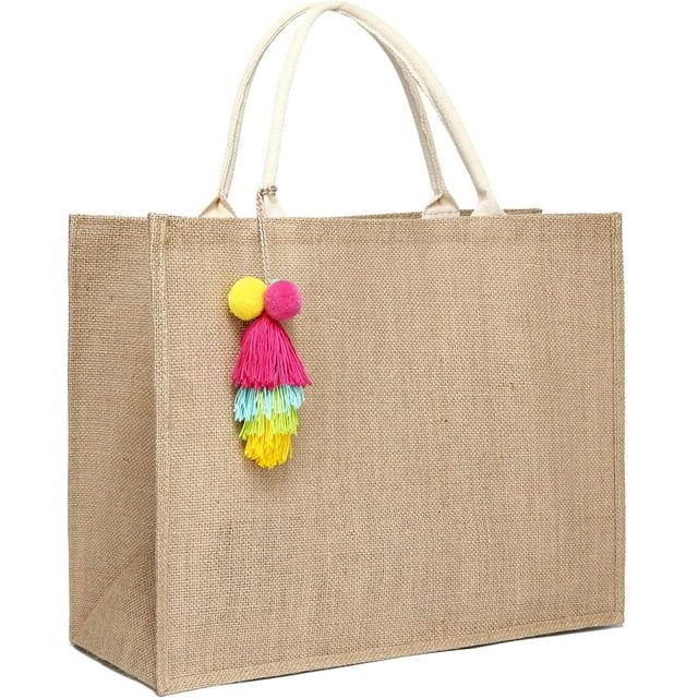 Kukuzhu Burlap Beach Bag for Women,Large Tote with Tassel,Summer Jute Woven Shoulder Shopping Bag | Walmart (US)