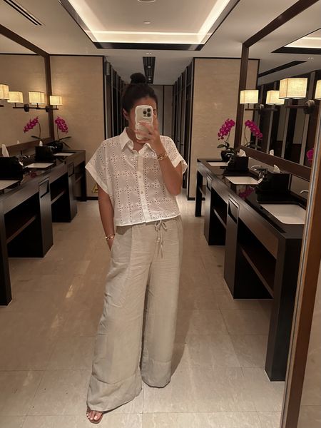 White box shirt, wide leg linen trousers, leather sandals 

#LTKeurope #LTKSeasonal #LTKstyletip