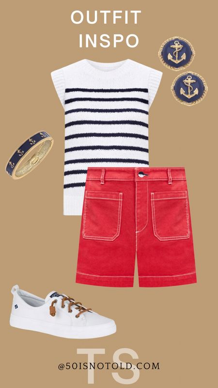 I am loving this red, white and blue nautical outfit! The anchor earrings and bracelet are so fun. Summer outfit idea | lake outfit | summer style | casual outfit 

#LTKStyleTip #LTKOver40 #LTKShoeCrush