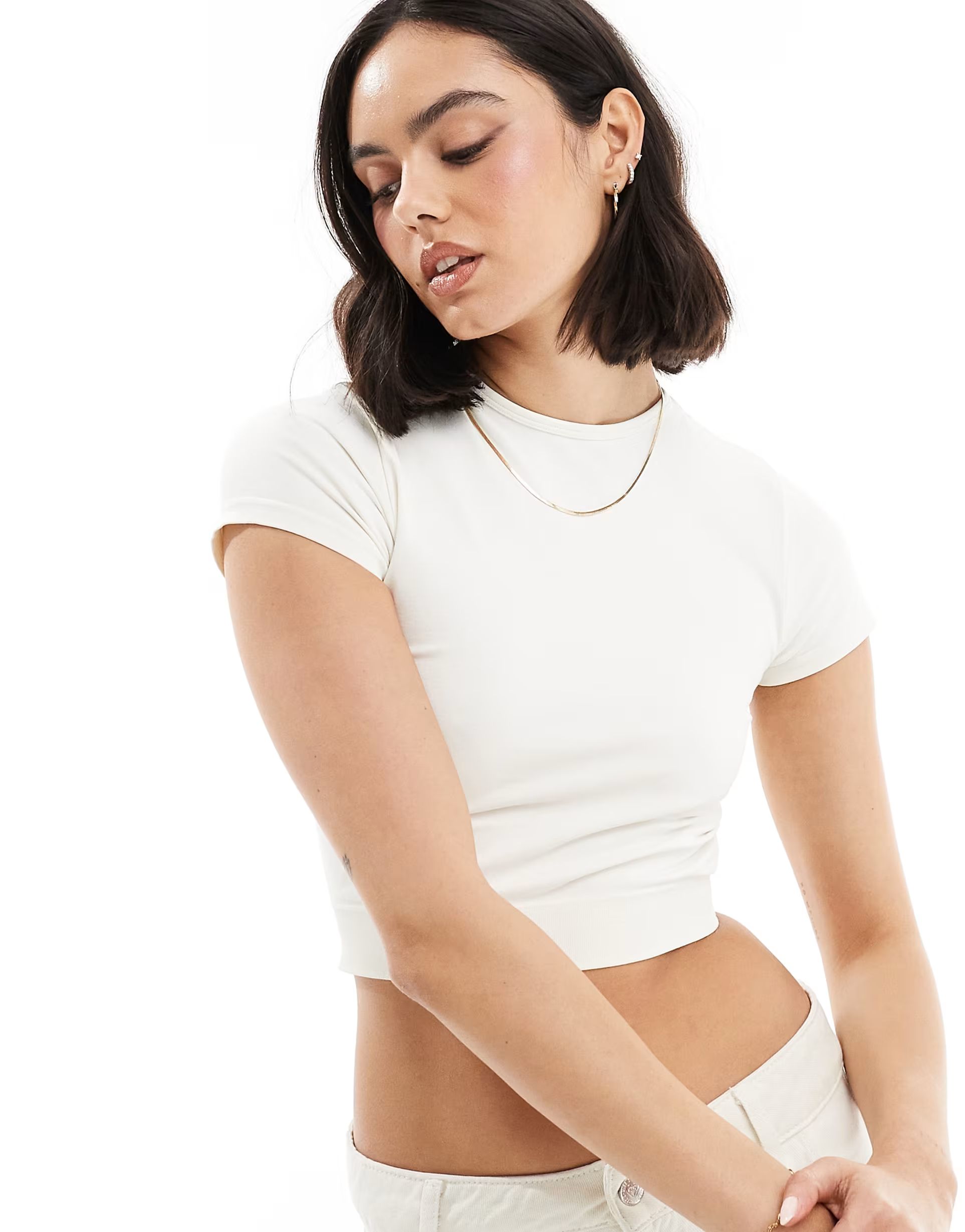 Miss Selfridge seamless short sleeve t-shirt in cream | ASOS (Global)