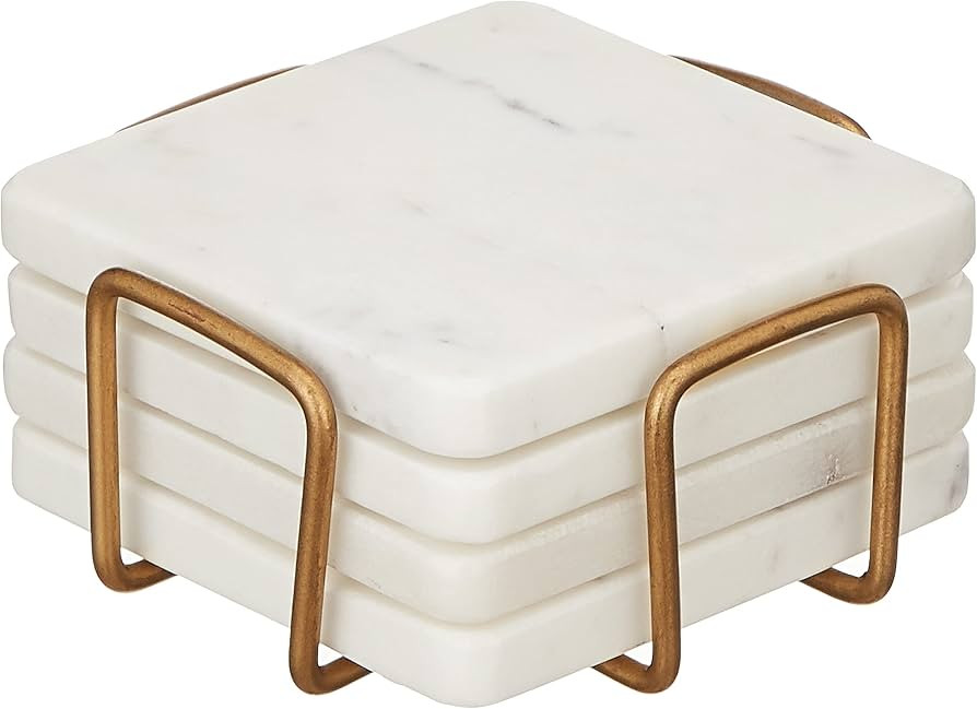 Marble Coasters with Holder, Set of 4 Gold Coasters for Drinks, 4 Inch Modern Coasters for Coffee... | Amazon (US)