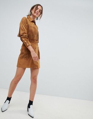 Mango fringe faux suede skirt in brown | ASOS US
