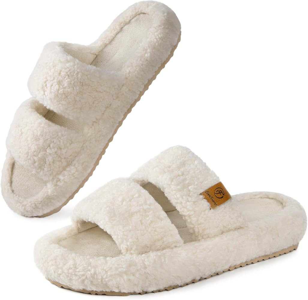 EverFoams Womens Fuzzy Open-toe Slippers Soft Comfy Memory Foam Indoor House Shoes | Amazon (US)