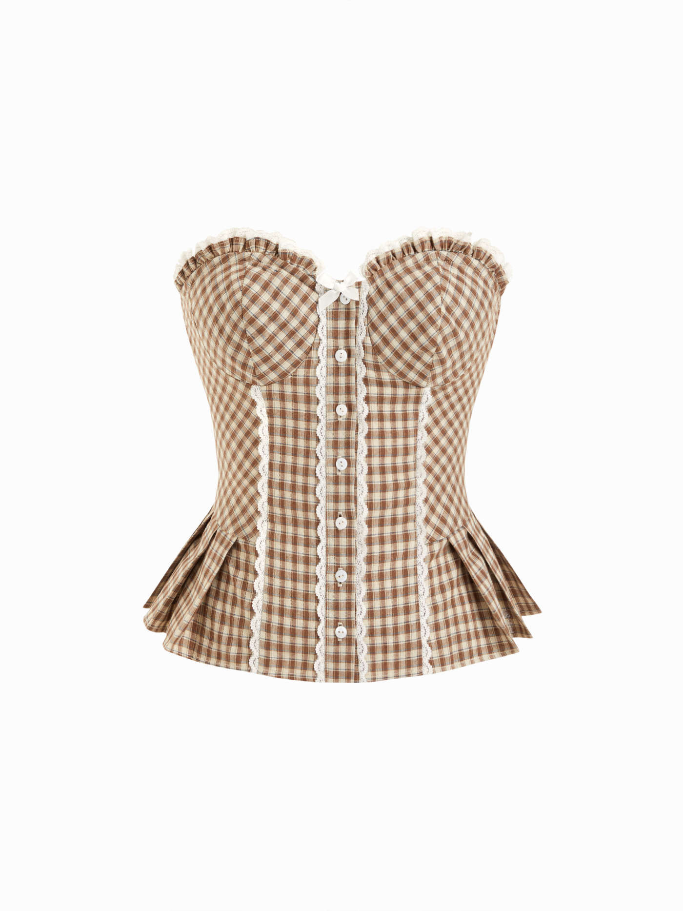 Cotton-blend Plaid Pleated Shirred Lettuce Trim Bandeau Crop Top | Cider