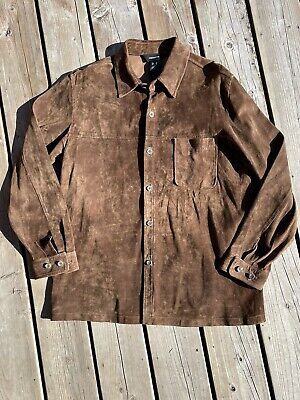 Claiborne Mens Sz LARGE 100% Pig Suede Leather Shirt Jacket Button Up Dark Brown  | eBay | eBay US